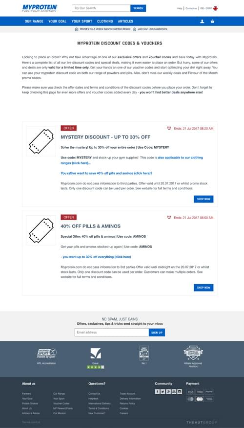 MyProtein voucher page